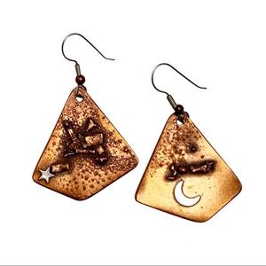 Artisan crafted copper star and moon celestial boho bohemian dangle earrings